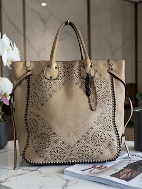Like New Coach Taupe Leather Tote with Laser-Cut Medallion Detail Tall Tatum
